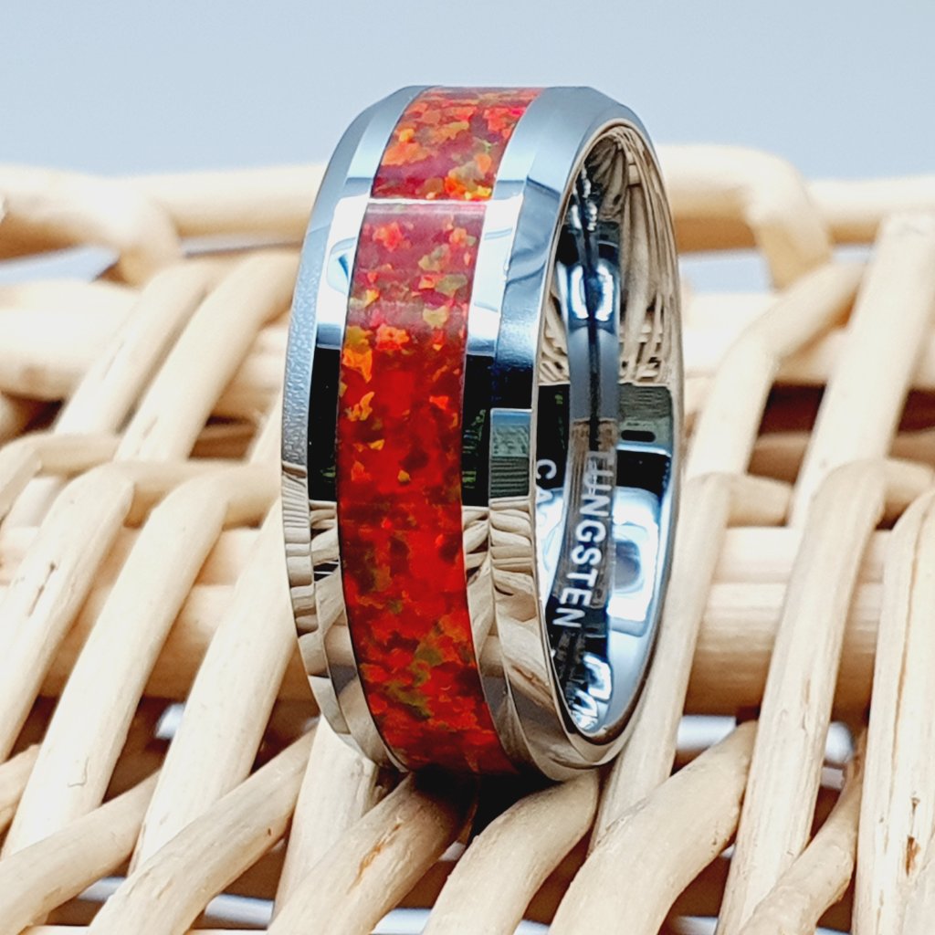 Red Opal Tungsten Carbide Ring Unisex Wedding Band W886